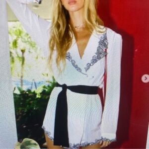 White and Black Embroidered Wrap Dress